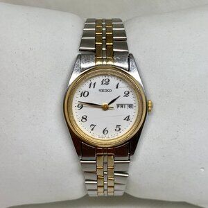 Vintage SEIKO women’s watch day date gold silver tone 24mm quartz 6” running